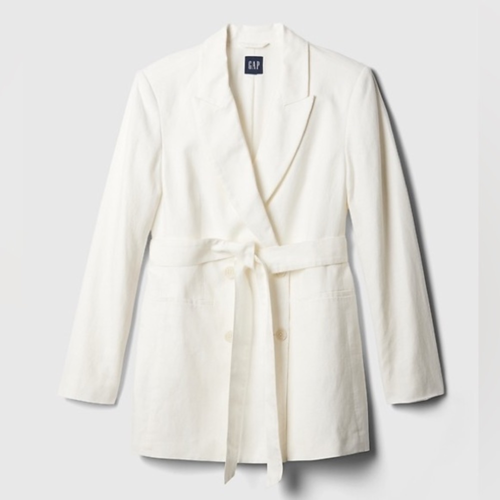 GAP Linen Blend White Double-Breasted Tie Waist Blazer